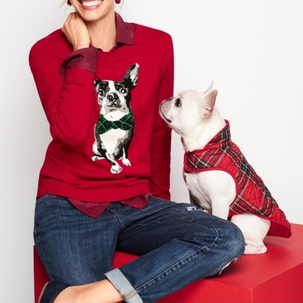Talbots Sweater with Dog wearing a Tartan BowTie  - red